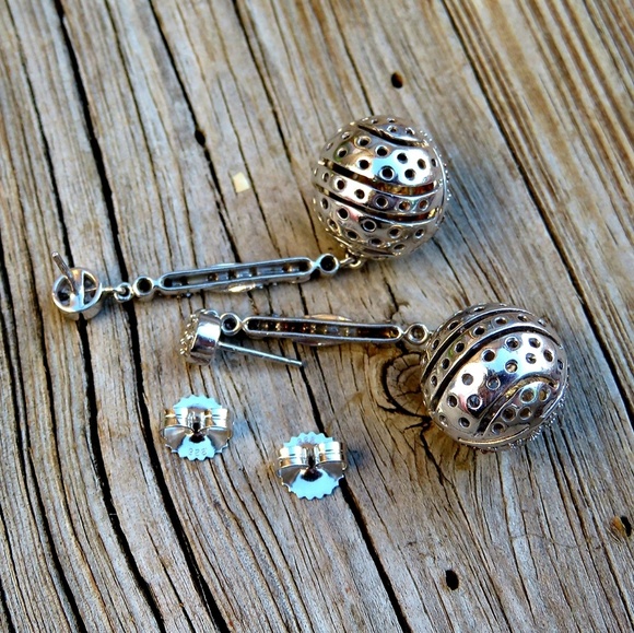 SOLD925 Genuine White & Champagne Diamond Earrings - Picture 6 of 8